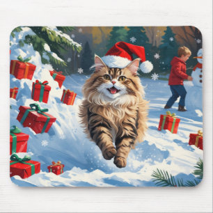 Mousepad Gato Persa Sentado na Neve com Chapéu de Natal