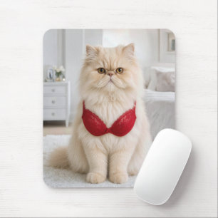 Mousepad Gato Persa Usando uma Sutiã Vermelha
