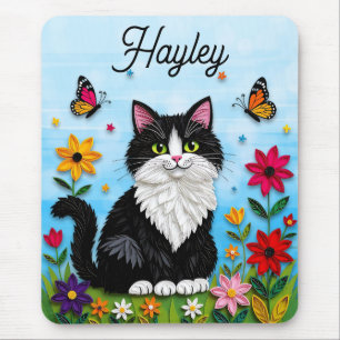 Mousepad Gato Personalizado, Flores e Borboletas