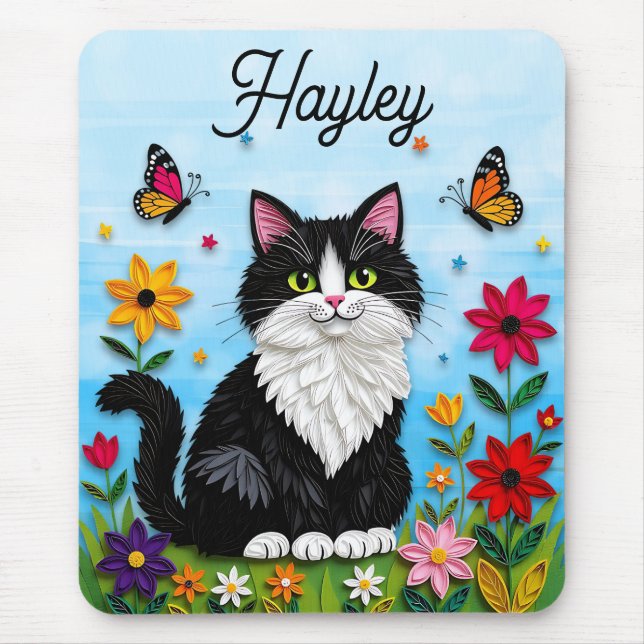 Mousepad Gato Personalizado, Flores e Borboletas   (Frente)