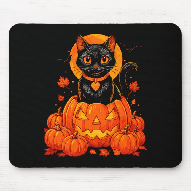 Mousepad Gato Preto Abóbora Lua Halloween Outono (Frente)