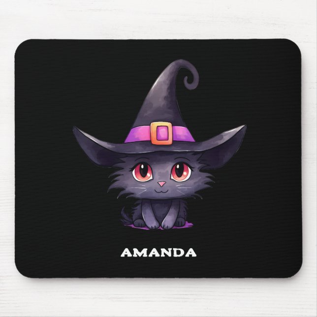 Mousepad Gato preto bonito Vestindo chapéu de bruxa (Frente)
