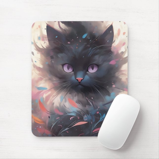 Mousepad Gato Preto de Cores Aquáticas Místicas | Gato cúmu (Com mouse)