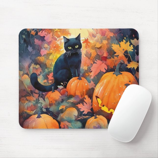 Mousepad Gato Preto de Halloween com Abóboras Assustadoras (Com mouse)