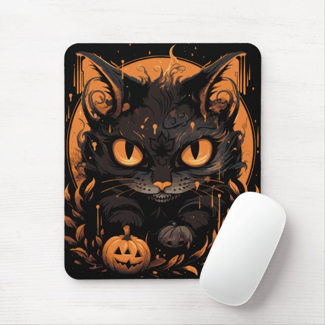 Mousepad Gato Preto do Halloween com Pumpkins e Lua (Com mouse)
