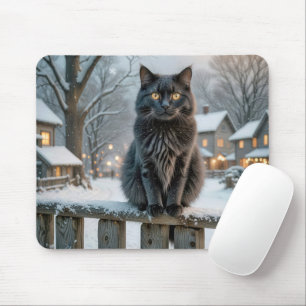 Mousepad Gato Preto em uma Cerca Nevada