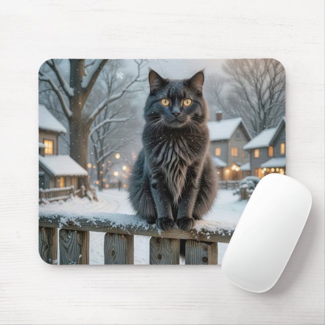 Mousepad Gato Preto em uma Cerca Nevada (Com mouse)