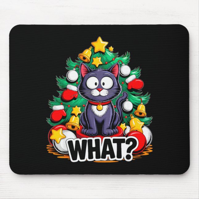 Mousepad Gato Preto Engraçado Árvore de Natal Natal Alegre  (Frente)