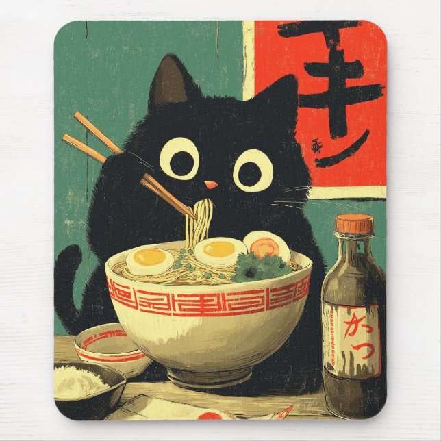 Mousepad Gato Preto Engraçado Comendo Ramen (Frente)