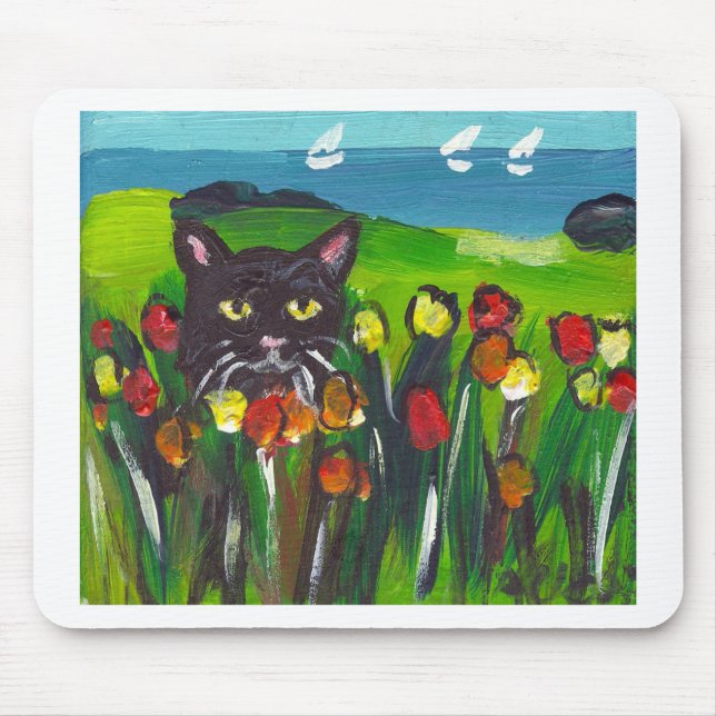 Mousepad Gato preto entre tulipas (Frente)