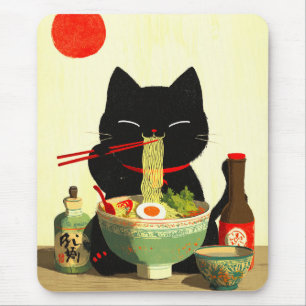 Mousepad Gato Preto Feliz Comendo Ramen Ukiyo-e Japonês