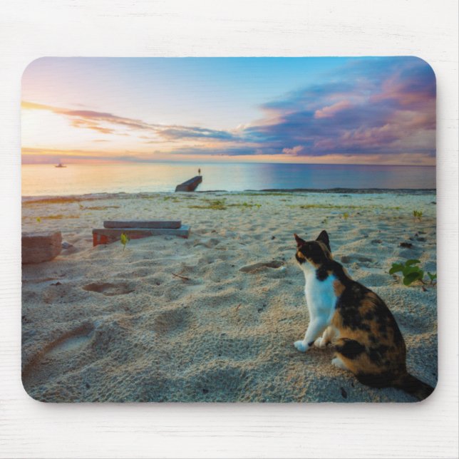 Mousepad Gato que senta-se em uma praia (Frente)