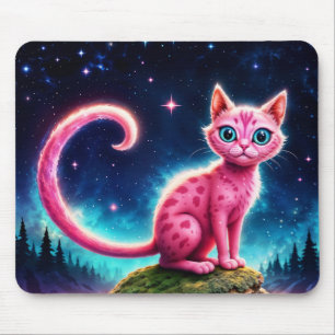 Mousepad Gato rosa fantástico na floresta mágica estelar no