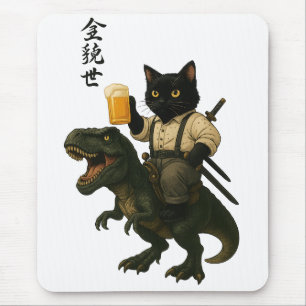 Mousepad Gato Samurai com Cerveja & T-Rex Arte Japonesa R