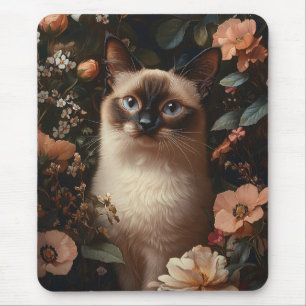 Mousepad Gato Siamês Cercado Por Flores Rosa Escamosas