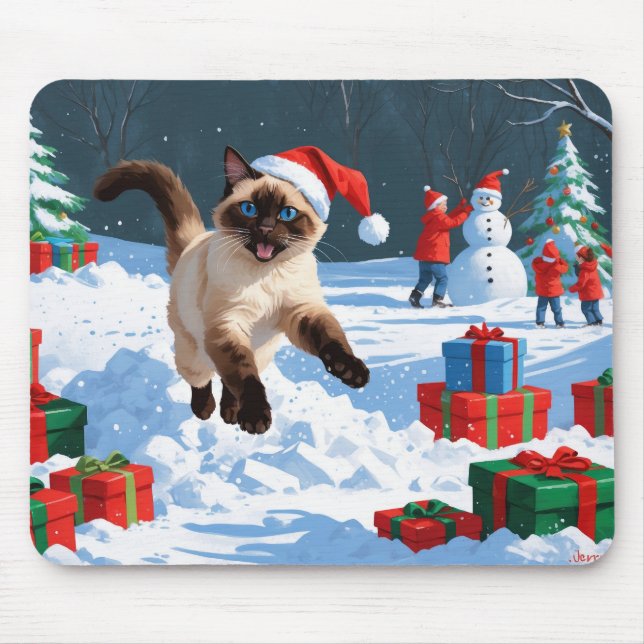 Mousepad Gato Siames Correndo na Neve com Chapéu de Natal (Frente)