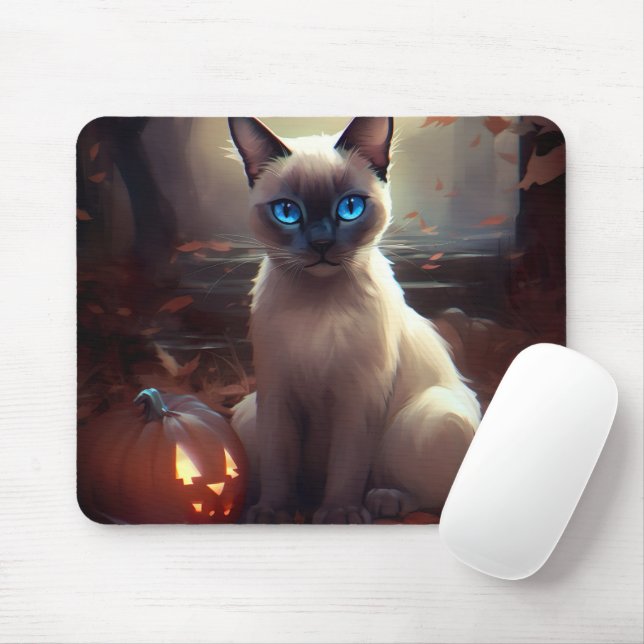 Mousepad Gato Siamês do Halloween Com Pumpkins Assustado (Com mouse)