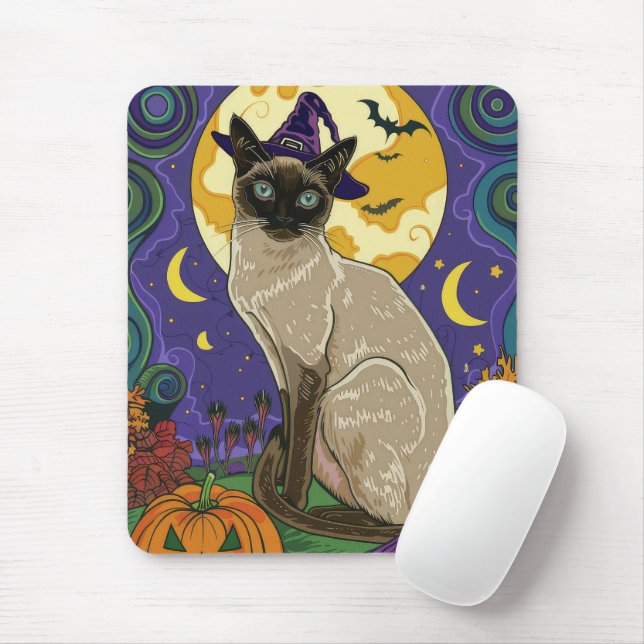 Mousepad Gato Siames Espantoso Halloween Bruxa e Abóbora (Com mouse)