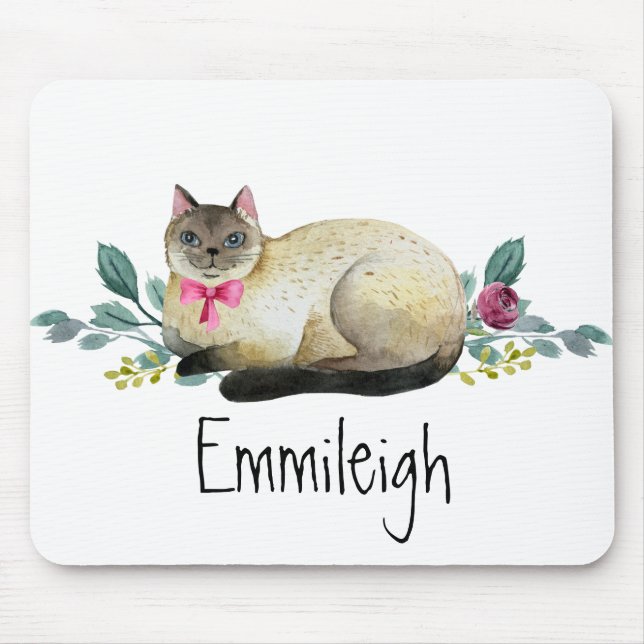 Mousepad Gato Siames Floral Roxo Folhas Verdes Branco (Frente)
