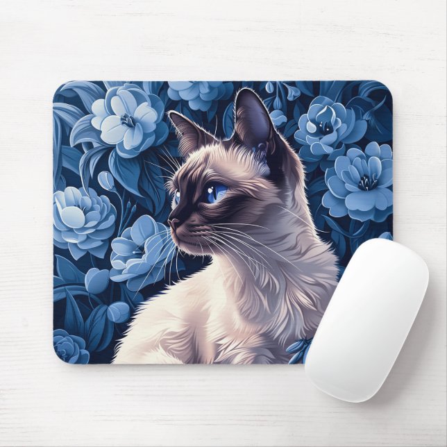 Mousepad Gato Siamês nas Flores Azuis (Com mouse)