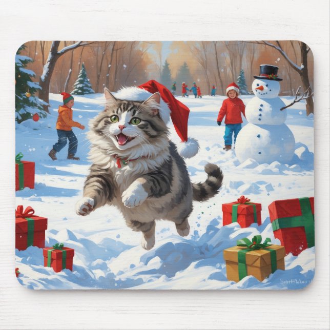 Mousepad Gato Siberiano Correndo em Neve com Chapéu de Nata (Frente)