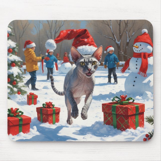 Mousepad Gato Sphynx correndo em neve com chapéu de Natal (Frente)