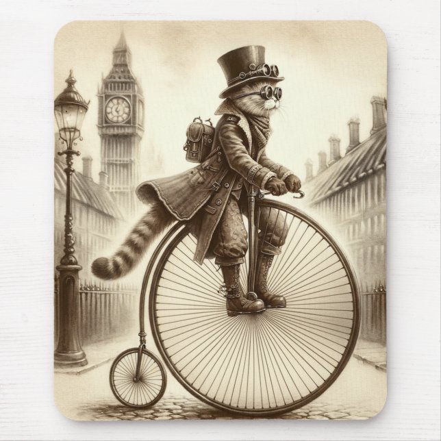 Mousepad Gato Steampunk Dirigindo uma bicicleta de peido de (Frente)