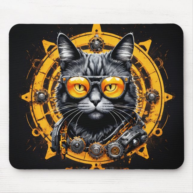 Mousepad Gato steampunk preto com óculos laranja (Frente)