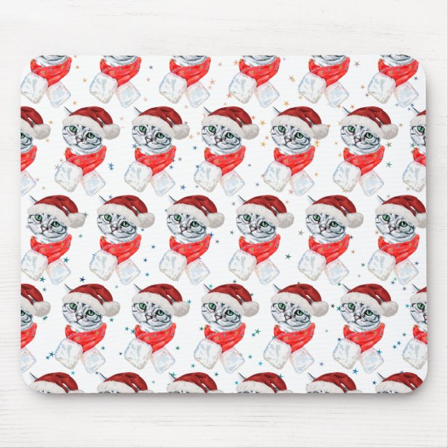 Mousepad Gato Tabby Cinza Natal Adorável Aquarela (Frente)