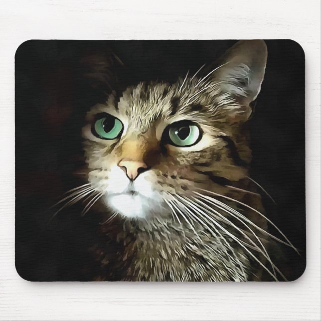 Mousepad Gato Tabby Com Olhos Verdes Isolados A Preto (Frente)