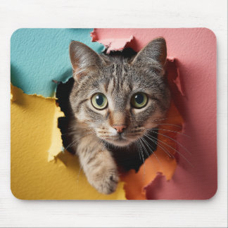 Mousepad Gato Tabby Jovial Espiando Através de Papel Rasgad