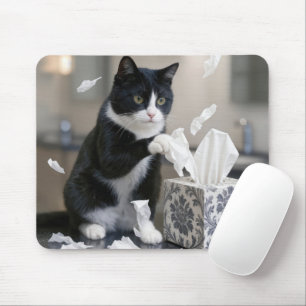 Mousepad Gato Tuxedo Brincando com uma Caixa de Lenços