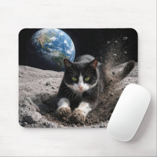 Mousepad Gato Tuxedo Cavando uma Cratera Lunar
