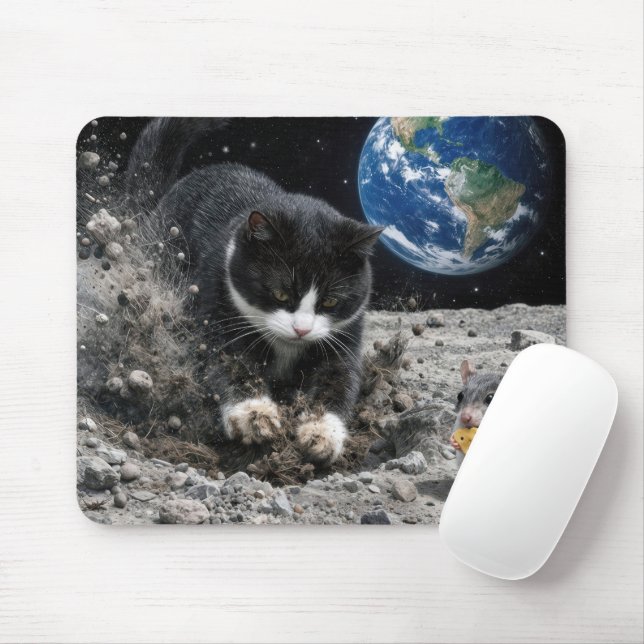 Mousepad Gato Tuxedo Cavando uma Cratera Lunar com Rato (Com mouse)