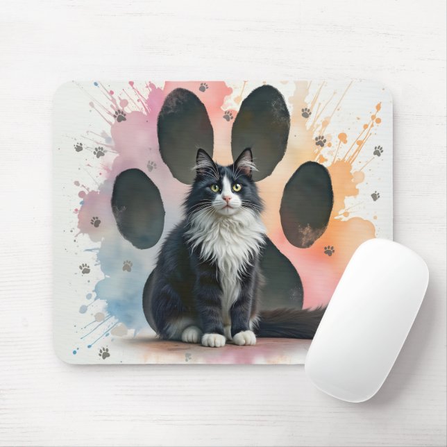 Mousepad Gato Tuxedo Com Desenho de Impressão de Pata em Aq (Com mouse)