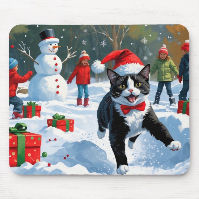 Mousepad Gato Tuxedo Correndo na Neve com Chapéu de Natal (Frente)