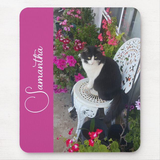 Mousepad Gato Tuxedo Gatos e Flores Nome de Meninas Rosa Es (Frente)