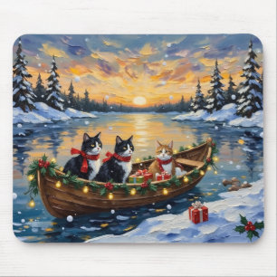 Mousepad Gato Tuxedo Natal Barco Feriado