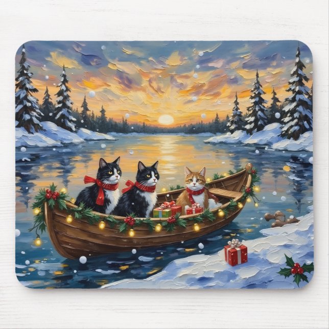 Mousepad Gato Tuxedo Natal Barco Feriado (Frente)