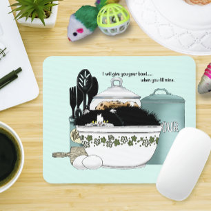 Mousepad Gato Tuxedo Sassy Tigela Vintage Aqua Cozinha Retr