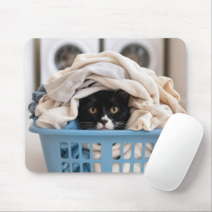 Mousepad Gato Tuxedo se Escondendo na Cesta de Roupa