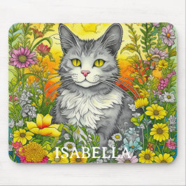 Mousepad Gato Whimsical Personalizado e Flores