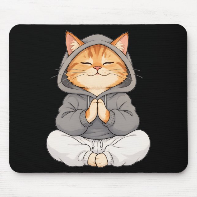 Mousepad Gato Zen com Capuz – Gato de Desenho Animado Fofo  (Frente)
