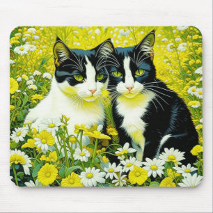 Mousepad Gatos Adoráveis sentados em um campo de Daisies