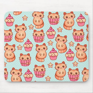 Mousepad Gatos Cute de Kawaii Cupcakes Rosa e Padrão Azul