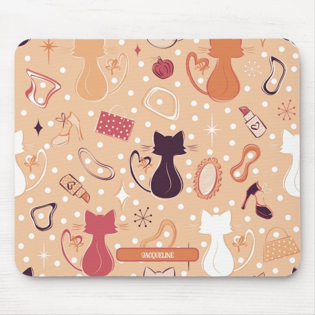 Mousepad Gatos de Coração Laranja de Meados do Século (Frente)