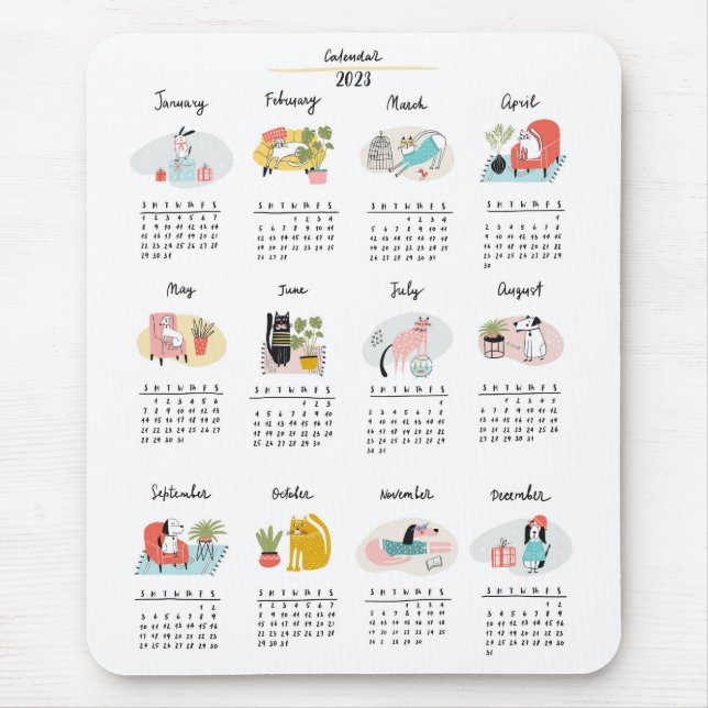Mousepad Gatos e Cães de Cartoon em Cuta Calendário 2023 (Frente)