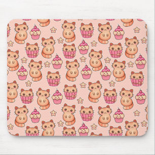 Mousepad Gatos e Cupcakes Cutes Cons e Padrões Rosa