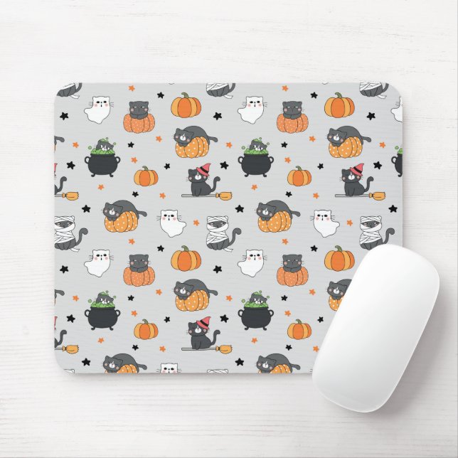 Mousepad Gatos e Padrão Fantasmas do Halloween (Com mouse)