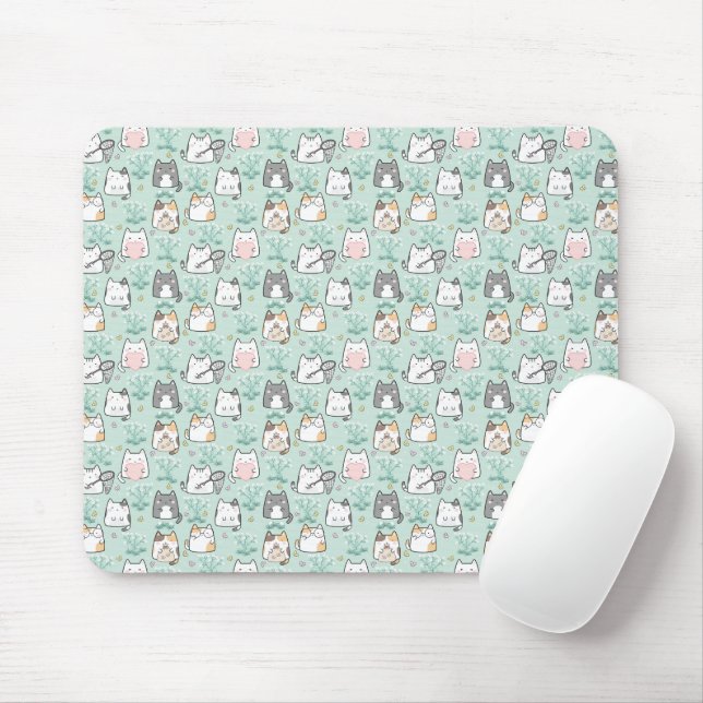 Mousepad Gatos e Padrões de Flor Cute Kawaii - Fundo Verde (Com mouse)